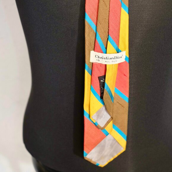 Christian Dior Vintage Yellow, Brown & Red w Blue Digaonal Stripe Silk Neck tie - Picture 4 of 7